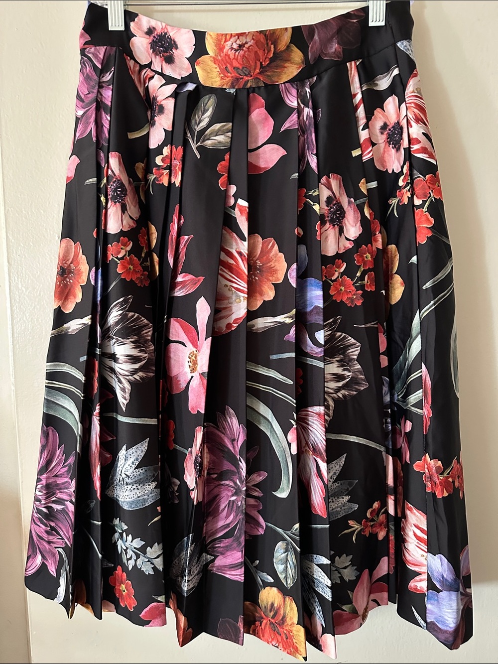 J. Crew Black Floral Pleated Skirt with Pink, Orange & Purple Blooms